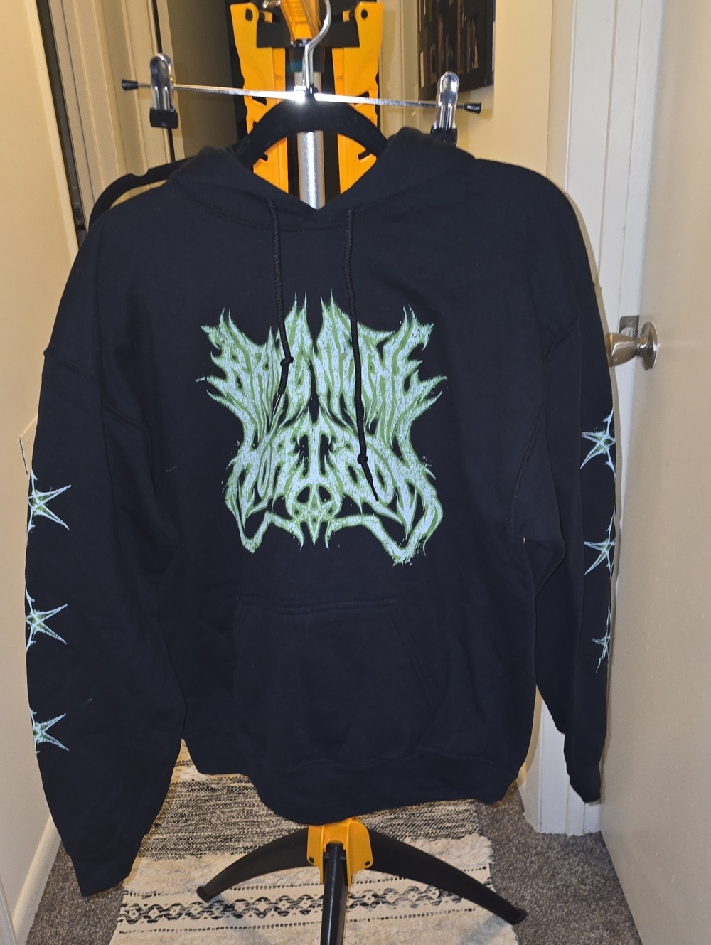 Gildan Black Hoodie with Neon Green Graphic and Sleeve Stars